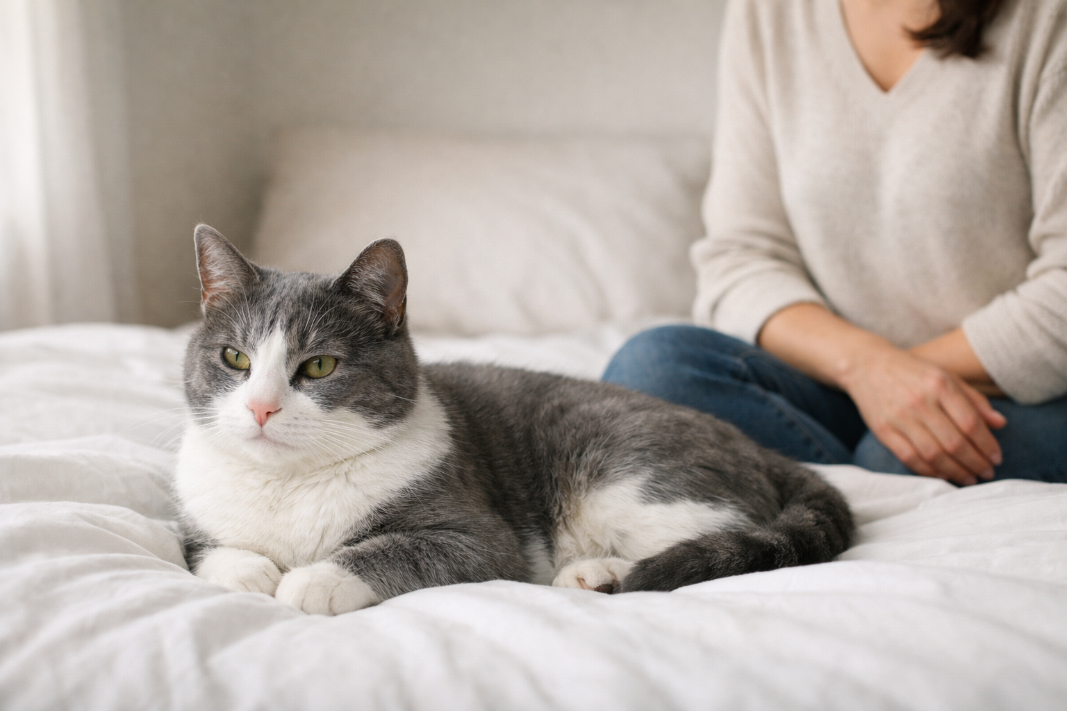 Gray-and-white cat resting on a soft bed with an owner nearby