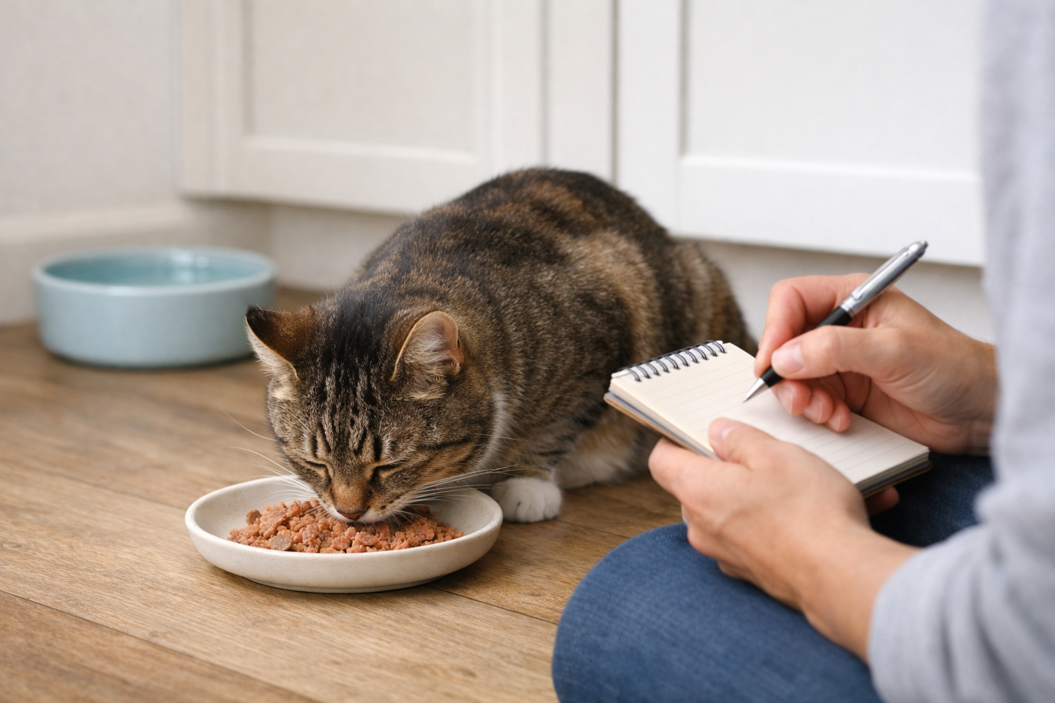 Cat eating wet food while an owner records a meal observation