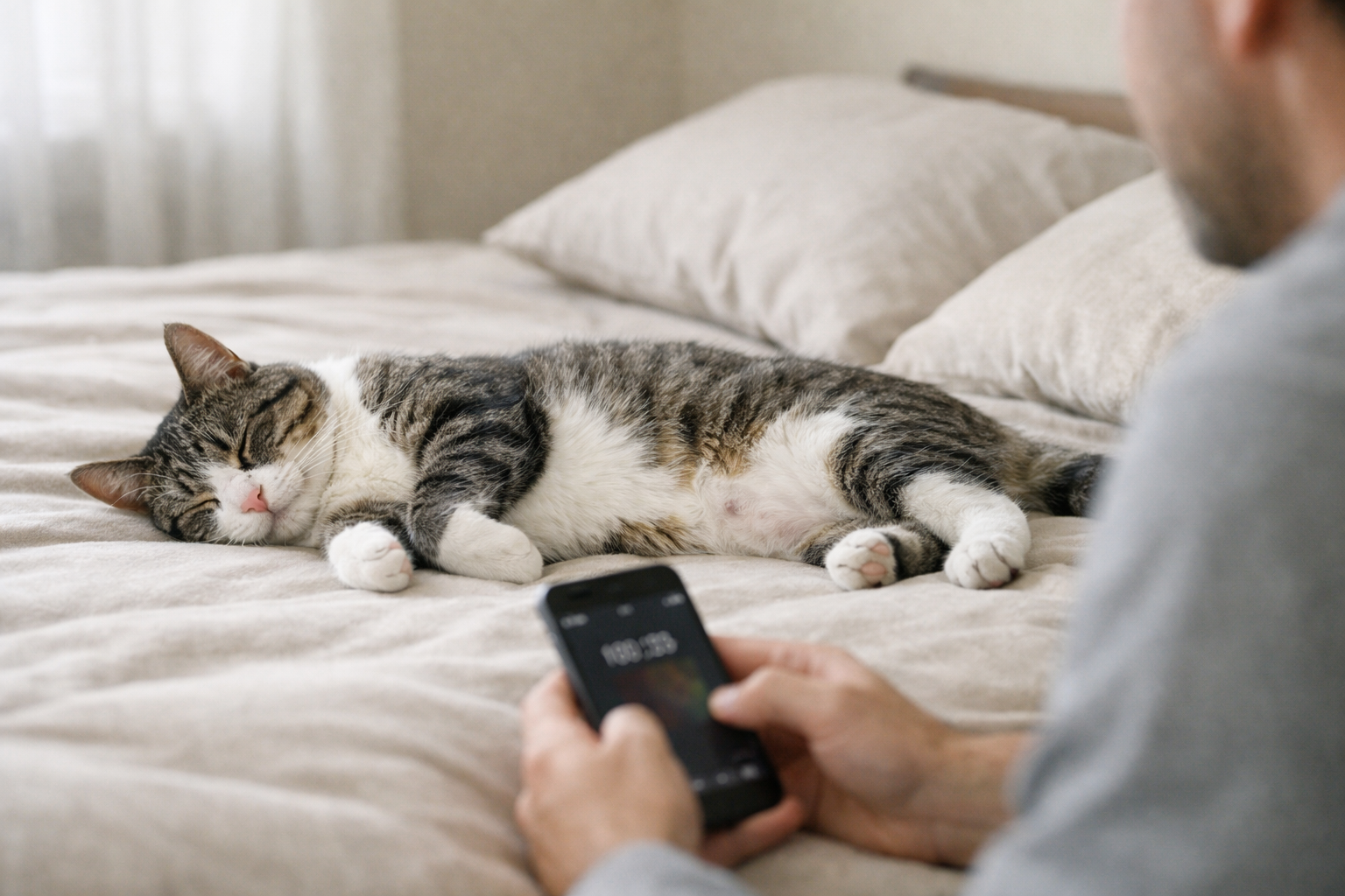 Owner quietly watching a sleeping cat to observe its breathing