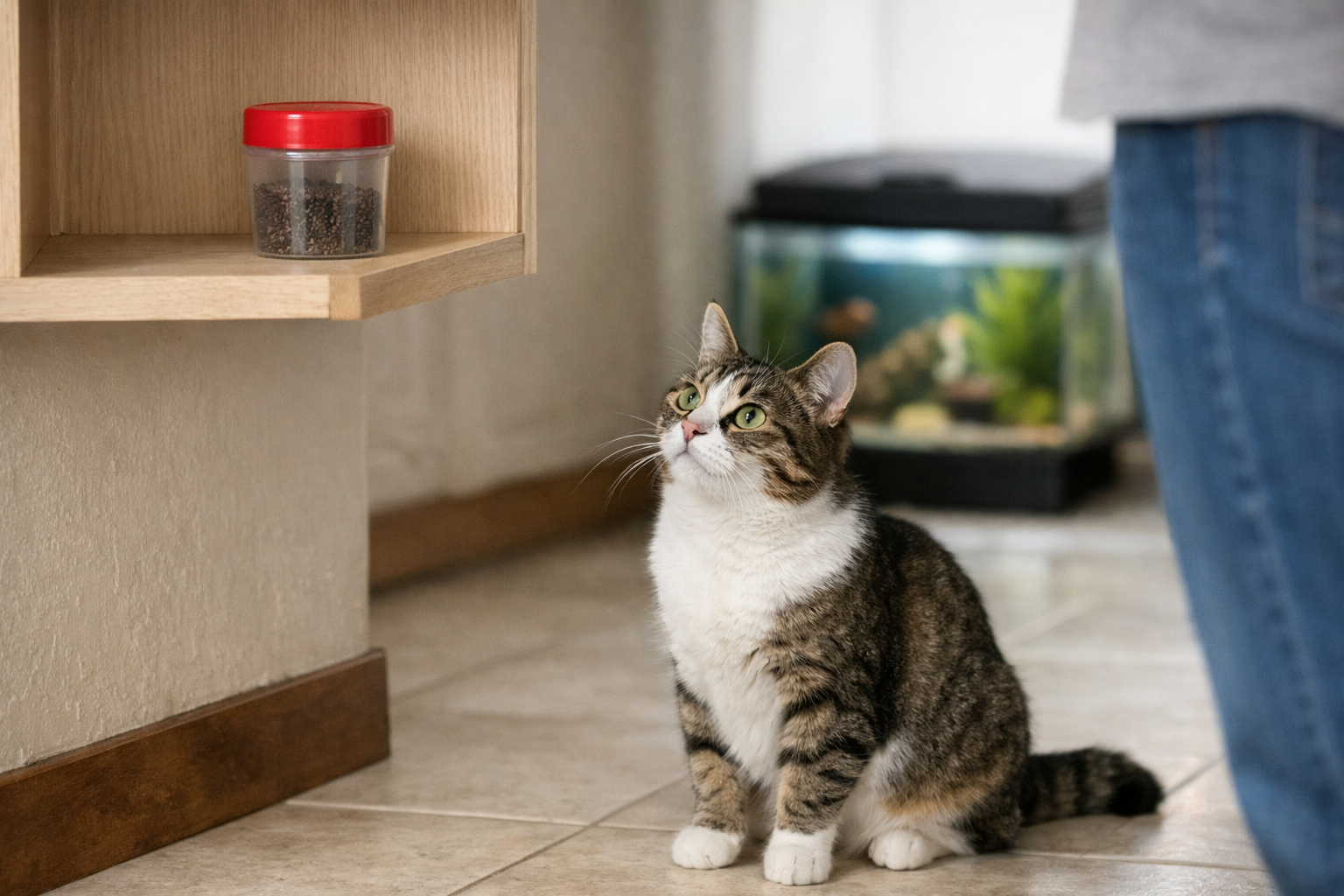 Cat sitting below a shelf holding a closed container of betta fish food.