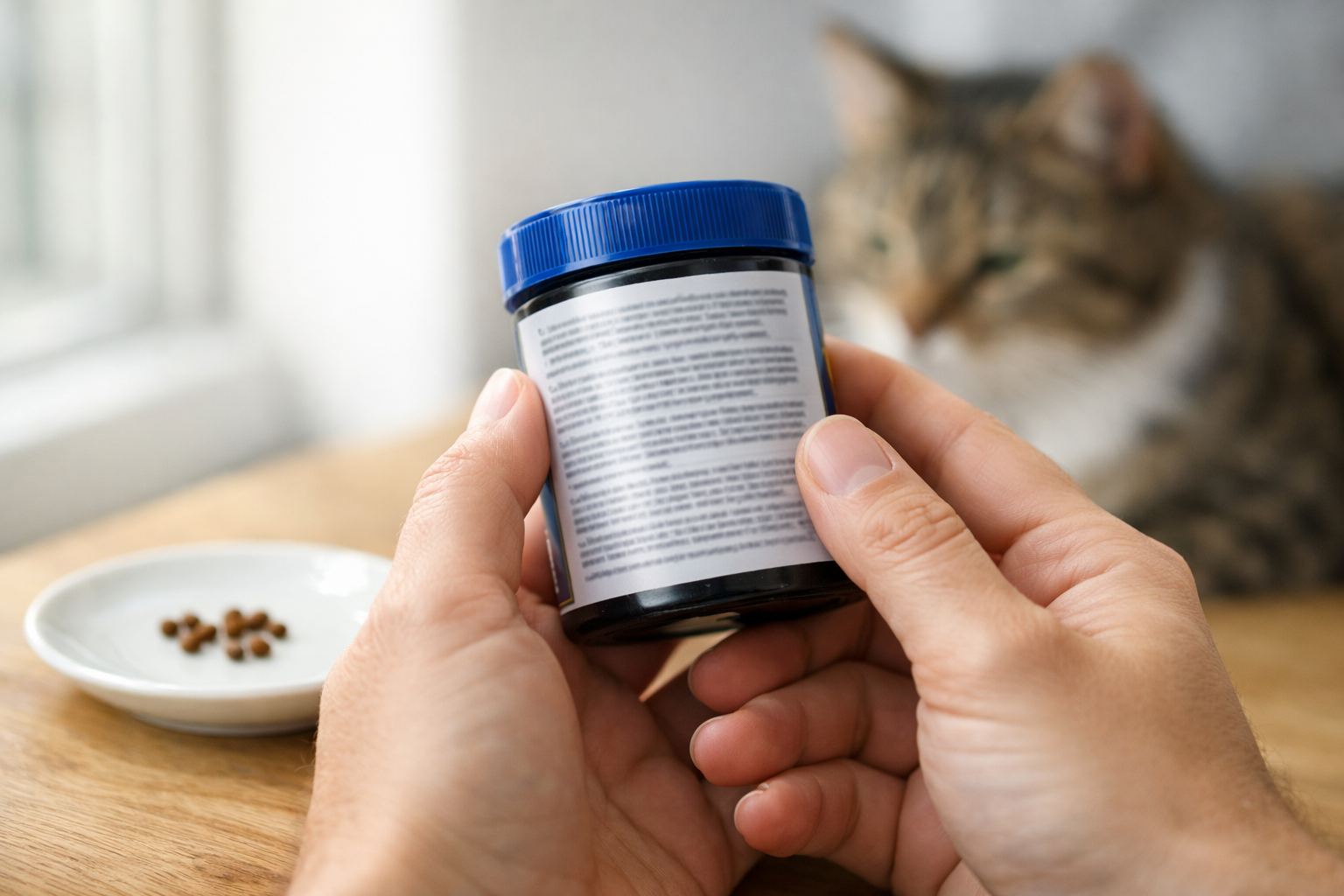 Owner checking a fish food container beside a few brown pellets on a saucer.