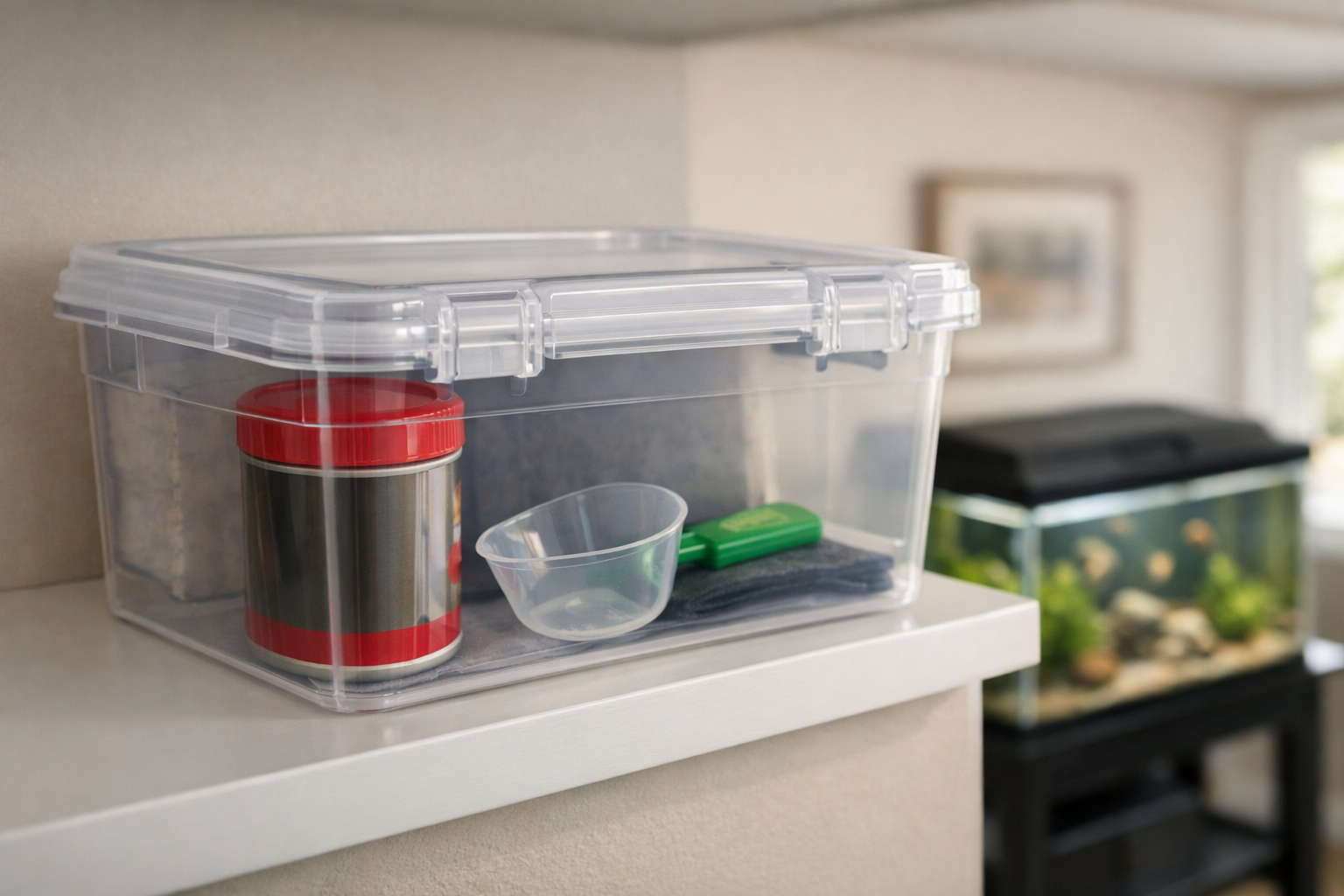 Sealed fish food and a feeding scoop stored inside a latched box on a high shelf.