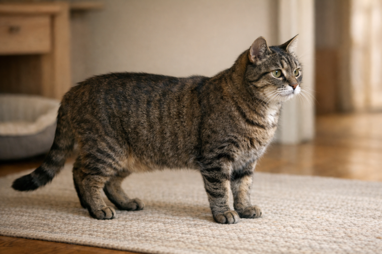 Senior tabby cat standing in profile on a rug at home