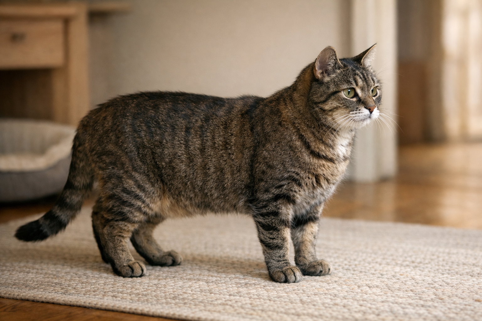 Senior tabby cat standing in profile on a rug at home