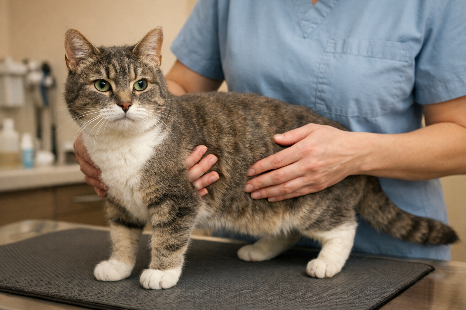 Veterinarian gently checking rib coverage on a senior cat