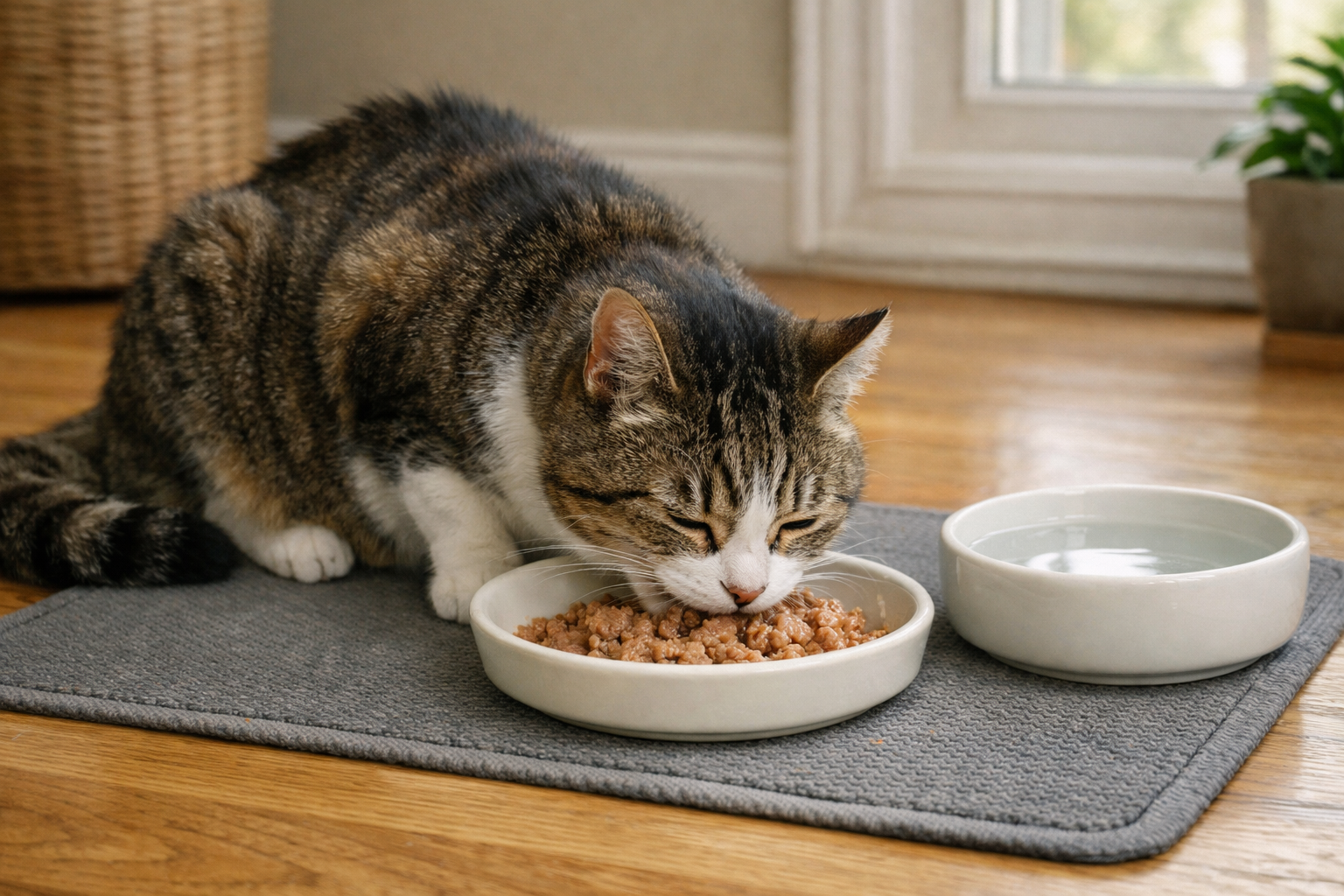 Older cat eating wet food from a shallow dish in a quiet feeding area