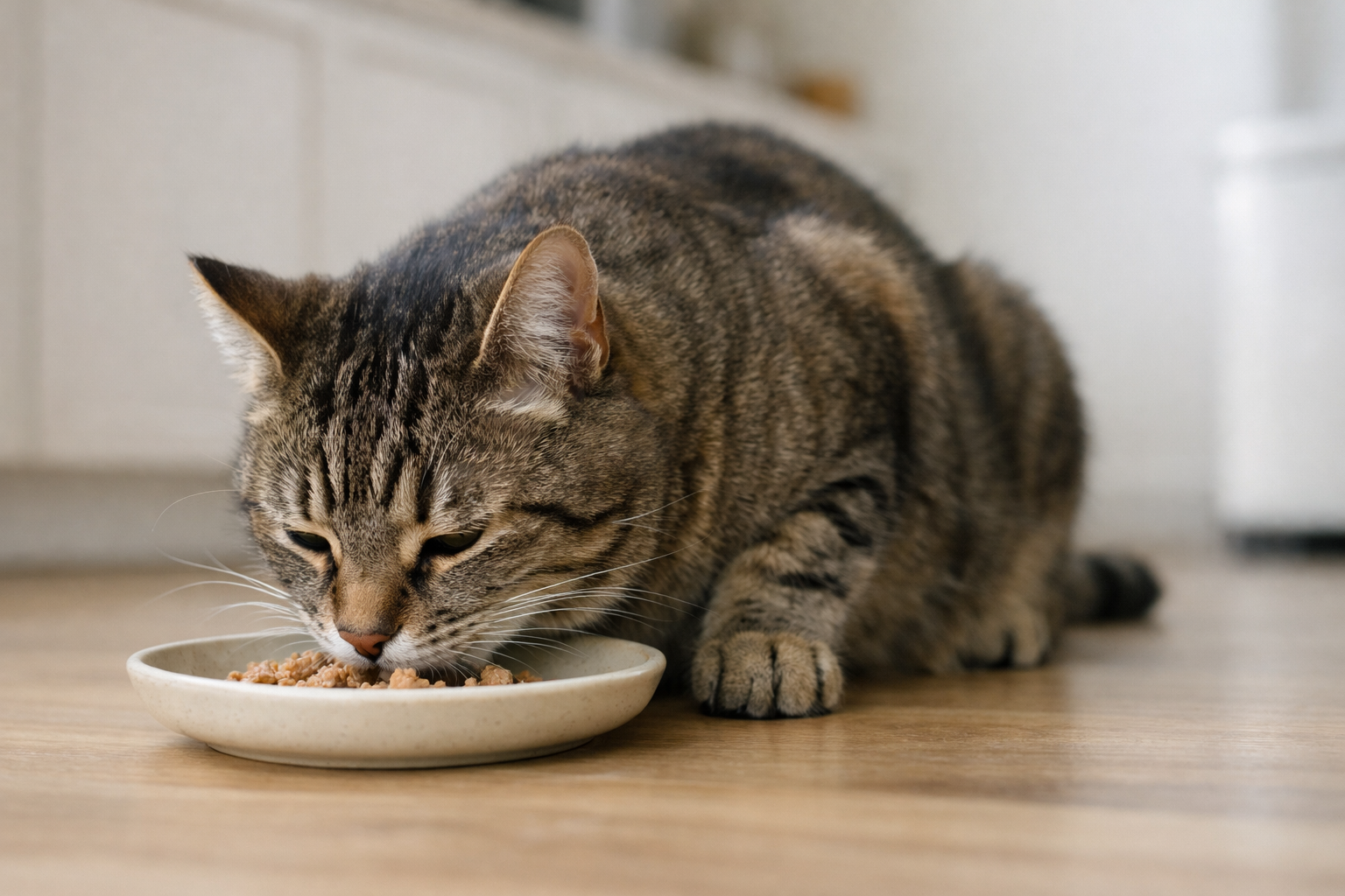 Adult tabby cat eating a small meal from a shallow ceramic dish.