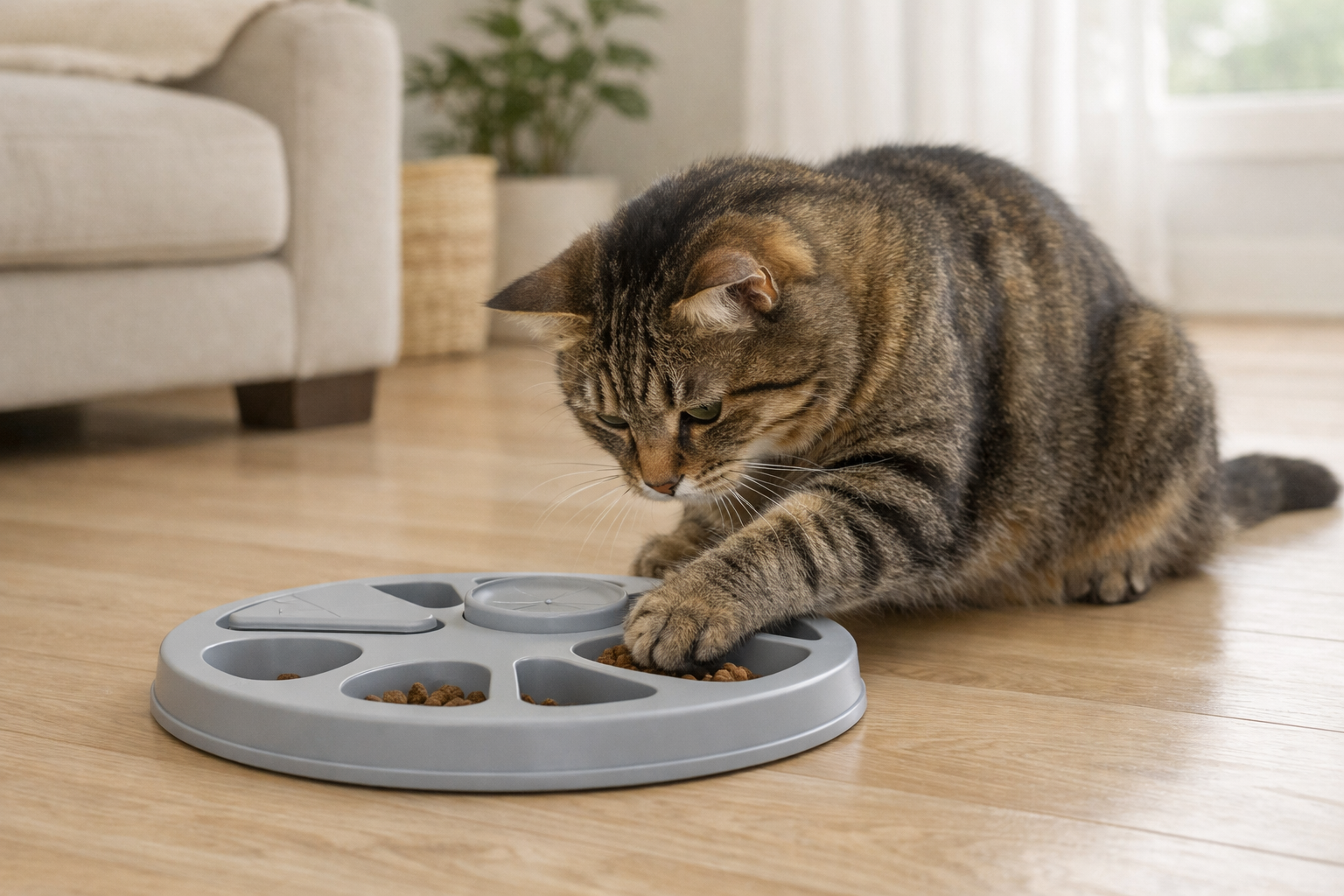 Tabby cat reaching for dry food in a shallow puzzle feeder.