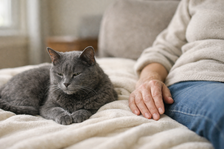 Older gray cat resting on a blanket beside its owner at home.