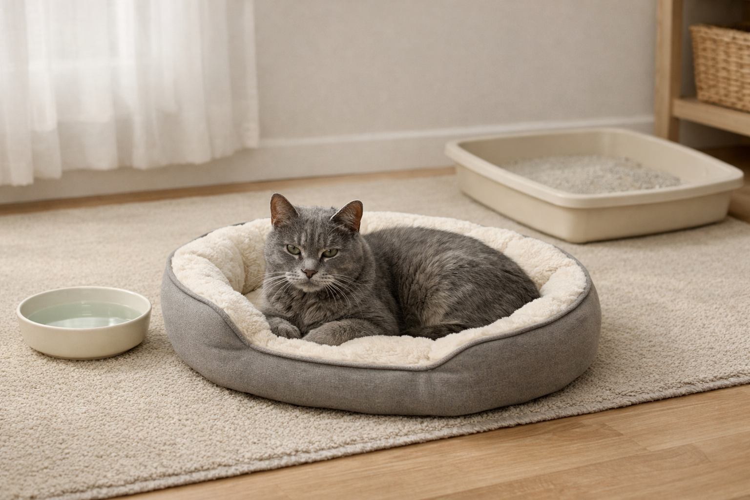 Senior cat in a low bed with water and an accessible litter box nearby.